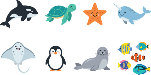Cute Cartoon Sea Animal Set with Orca Turtle Starfish Narwhal Stingray Penguin Seal and Tropical Fish Vector Illustration © MdRezaul