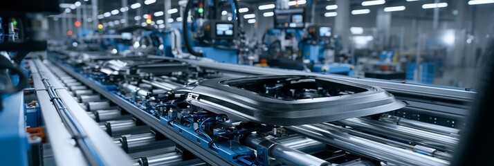 Fototapeta premium Medium shot of a hightech manufacturing line forming lightweight composite hoods using fiberreinforced materials showcasing automated curing processes for automotive applications.