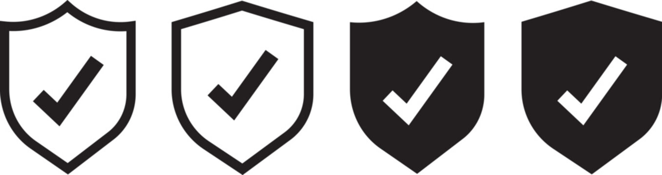 Shield with check mark icon set. Check shield icon set with clean geometric circular outline shapes, verification safety approval black and white outline solid vector
