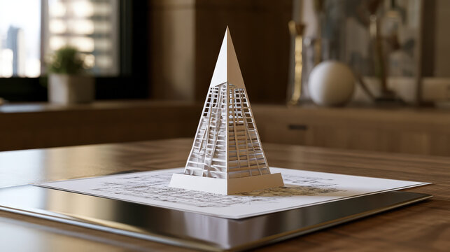 Origami skyscraper emerging from a blueprint on a sleek wooden desk, photorealistic 8k hyperdetailed, corporate strategy concept