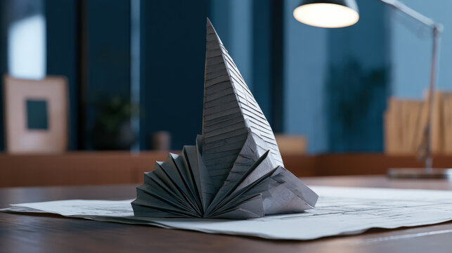 Origami skyscraper emerging from a blueprint on a sleek wooden desk, photorealistic 8k hyperdetailed, corporate strategy concept