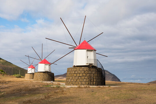 Restored windmills stand on high hill at Portela on Porto Santo Island in Madeira