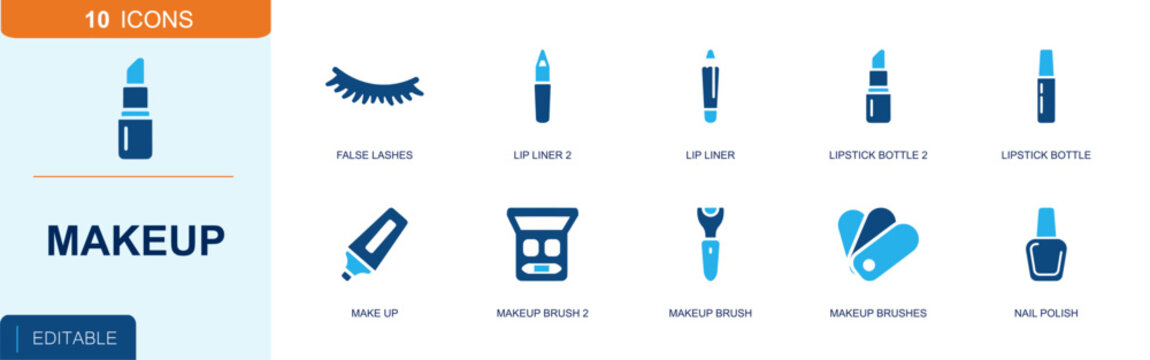 Makeup icon set. Containing false lashes, lip liner, lipstick bottle, makeup tube, eyeshadow palette, makeup brush, brush set, nail polish, cosmetics and more. Solid fill vector icons.