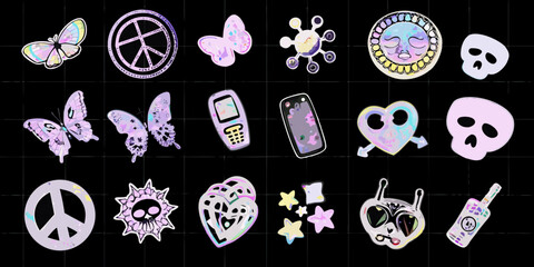 Iridescent Y2k Sticker Collection With Butterflies And Peace Signs © Rahul