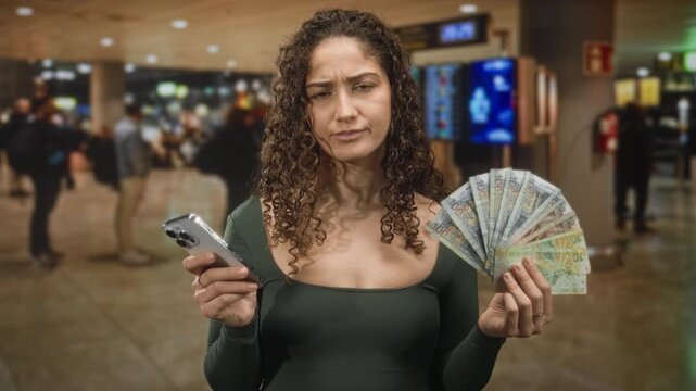 Woman holding a fan of peruvian soles and smartphone, frowning with furrowed brow in airport; frustration uncertainty.