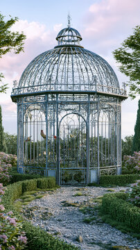 Ornate Victorian Wrought Iron Aviary in Manicured English Garden with Finches in Soft Morning Light