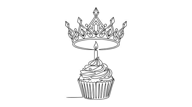 Single Line Drawing of a Crowned Cupcake with a Candle, Birthday Celebration Concept