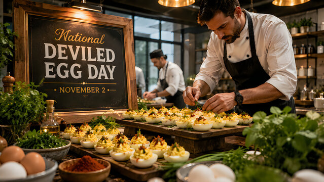 Chef preparing Deviled eggs in kitchen