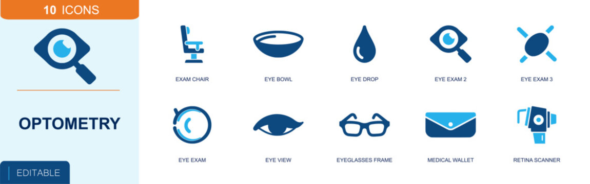 Optometry clinic icon set. Containing exam chair, eye bowl, eye drop, eye exam, eye view, eyeglasses frame, retina scanner, medical wallet, magnifier and more. Solid fill vector icons.