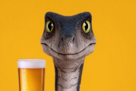 Cartoon dinosaur holding a glass of beer in funny portrait. Playful prehistoric character with frothy drink for humorous branding content.