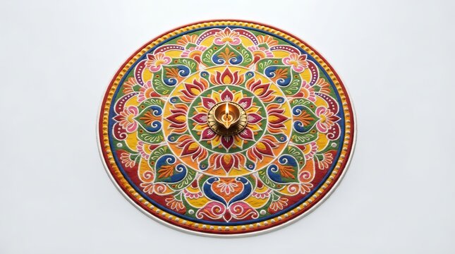 Vibrant, ornate, circular diya candle holder mandala art