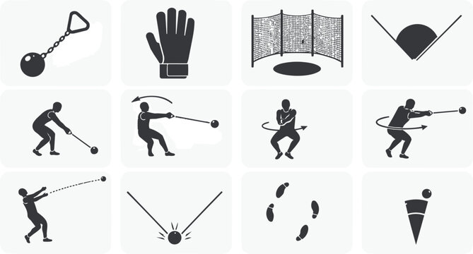 Hammer Throw Sport Icons Set Athletes Equipment Silhouettes