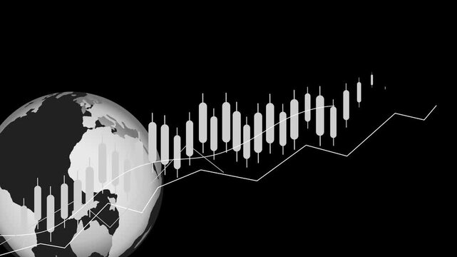 Global market candlestick trend animation, Earth globe on left with ascending blue candlestick stock chart