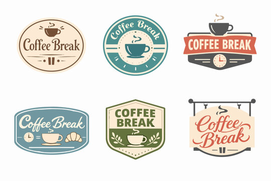 Coffee break logos set featuring vintage badges and retro signs with mugs and clocks, representing cafes and quick beverage pauses