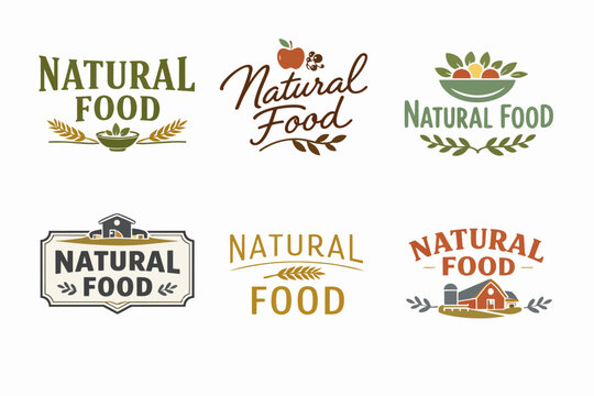 Natural food and organic farm logos set, symbolizing healthy lifestyle, fresh agriculture, and ecological products