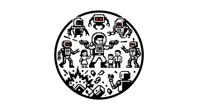 Retro Space Battle with Astronaut and Robots.