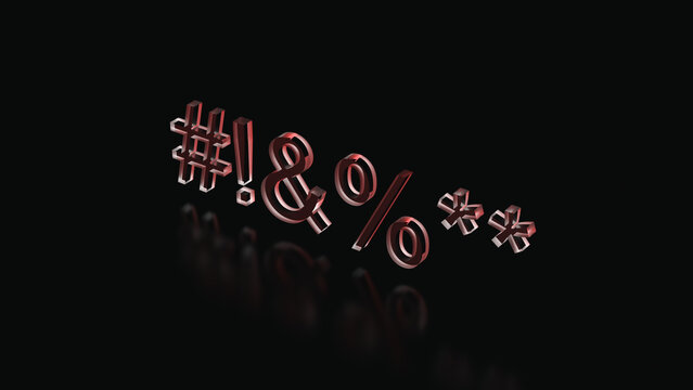 Symbols of profanity; offensive language depicted in transparent glass with red backlighting. Profanity, swearing in communication; symbols of profanity, concept, wallpaper. 3D render