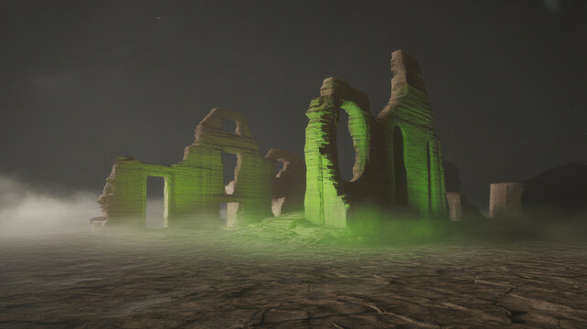 Halloween night with ghostly statues standing in front of ancient ruins on a foggy spooky evening