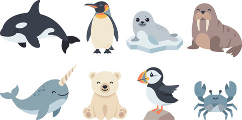 Cute Cartoon Arctic Animal Set with Orca Penguin Seal Walrus Narwhal Polar Bear Puffin and Crab Vector Illustration © MdRezaul