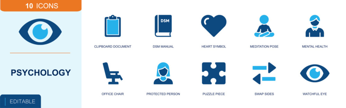 Psychology icon set. Containing clipboard document, DSM manual, heart symbol, meditation pose, office chair, protected person, puzzle piece, watchful eye and more. Solid fill vector icons.