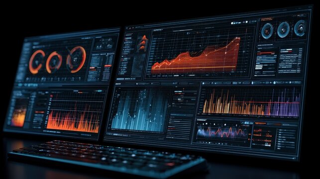 Data visualization interactive dashboard business intelligence analytical insights decision support operational excellence focus on colorful charts copy space technology theme futuristic Blend mode hi