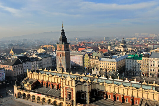 View of sukiennice cloth hall and city hall tower from st. marys basilica in krakow, poland