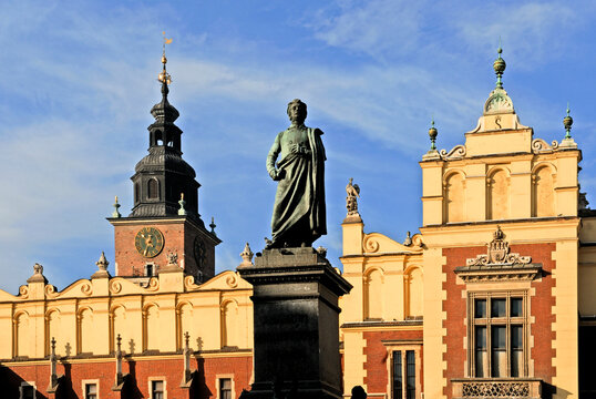 Mickiewicz statue stands tall in front of the historic Cloth Hall in Krakow, Poland, showcasing significant cultural heritage of the region