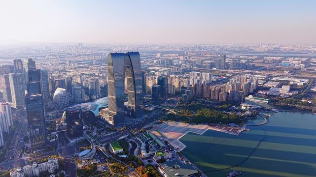 Aerial view of the city skyline featuring the Gate to the East in Suzhou, Jiangsu Province, China
