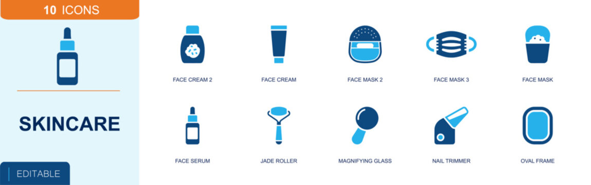 Skincare icon set. Containing face cream, face mask, face serum, jade roller, magnifying glass, nail trimmer, oval frame, beauty bottle, cleanser and more. Solid fill vector icons.