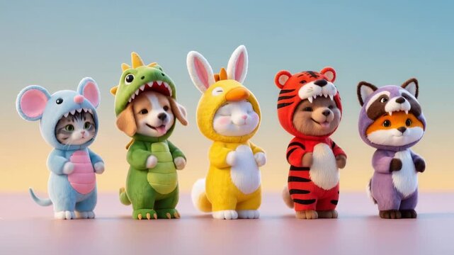 Adorable pets in colorful animal costumes standing in a row on a wooden floor, featuring cat, puppy, bunny, bear, and fox outfits in a playful kawaii style.