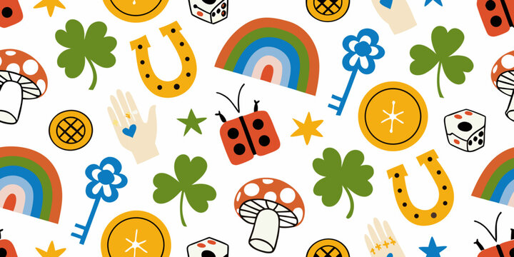 Lucky charms floral ornament vector pattern with rainbows and clovers