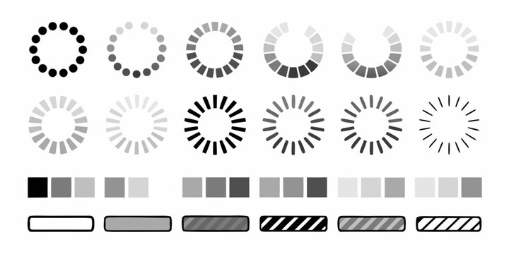 Loading spinner icons and progress bar set flat vector illustration