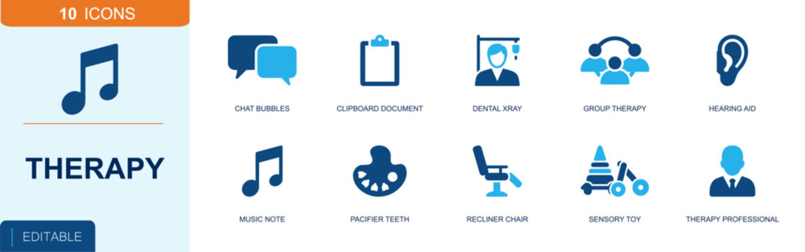 Therapy icon set. Containing chat bubbles, clipboard, dental xray, group therapy, hearing aid, music note, recliner chair, sensory toy, therapist avatar and more. Solid fill vector icons.
