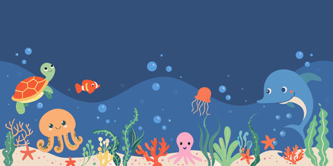 Underwater scene with marine life a colorful vector illustration © Nasir
