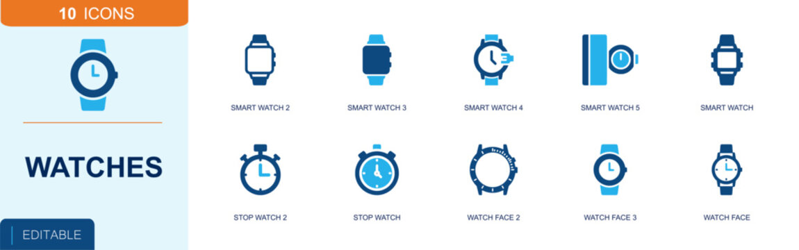 Watches and smartwatches icon set. Containing smart watch, stopwatch, watch face, digital watch, wearable device, wristwatch, clock dial, timer, timepiece and more. Solid fill vector icons.