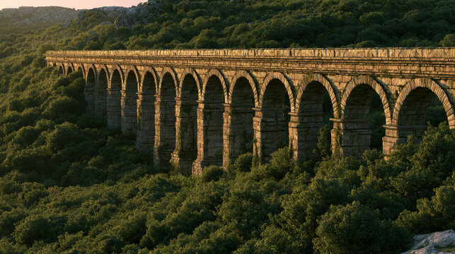 Ancient Roman aqueduct spanning a lush green valley with weathered stone arches in golden hour sunlight, photorealistic and highly detailed