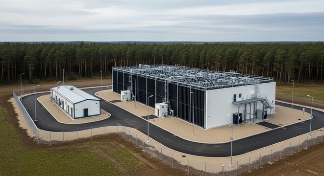 Modern large-scale battery energy storage facility complex featuring advanced industrial infrastructure and power grid technology in a natural landscape.