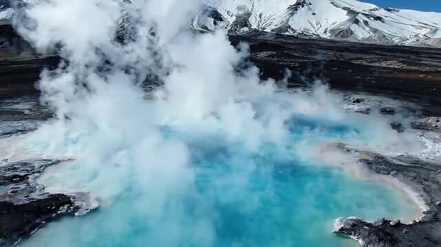 Geothermal hot spring with vibrant blue water and steam rising, surrounded by rocky terrain and snow-capped mountains under a clear blue sky