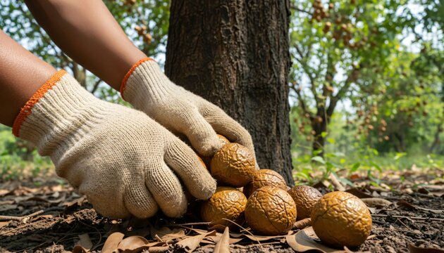 Gathering Large Golden-Brown Ritha Pods