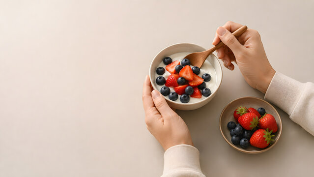 Anonymous Hands Enjoying Yogurt with Fresh Strawberries and Blueberries