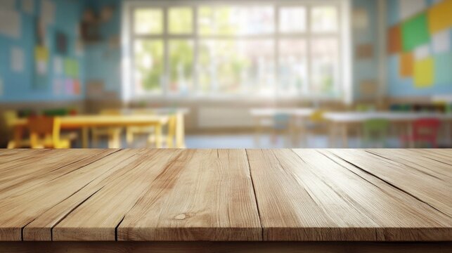 Wooden top with blurred empty classroom background can be used for mocking up or display product to make advertising.