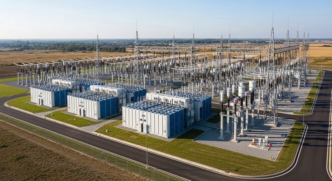 Vast electrical substation complex with modern energy storage facilities under a clear sky