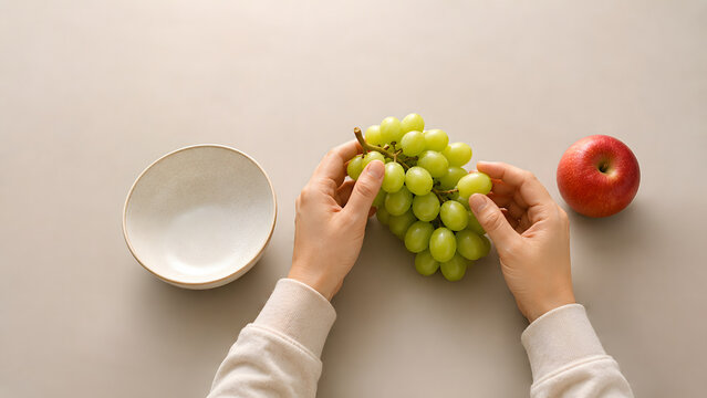 Anonymous Hands Holding Fresh Green Grapes on Minimalist Table