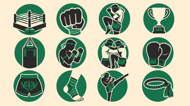 Muay Thai Combat Sport Vector Icons Set, Martial Arts Training Equipment