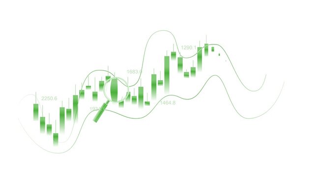 Candlestick chart with magnifying glass over market data, Financial chart with candlesticks curved lines and a magnifying glass rising market data animation