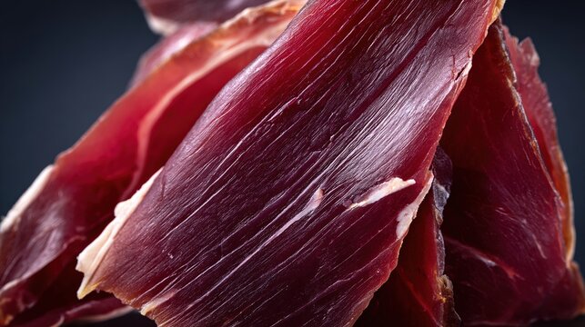bresaola. Close-up of cured beef bresaola, showcasing the glossy grain of the meat. menu design, packaging mockups, designed for culinary blogs and recipe cards for restaurants, inspires cooking.