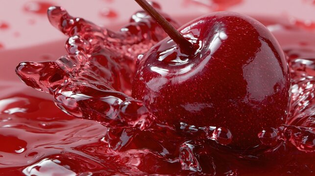 Juicy Red Cherry Splash: Macro Photography Captures Sweet Liquid Burst with Vibrant Crimson Colors and Refreshing Textures