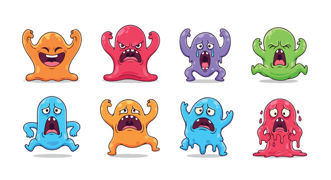 Cartoon slime monster set with 8 colorful blob characters, cute alien creature collection in various emotional states, vibrant gooey mascot vector illustrations