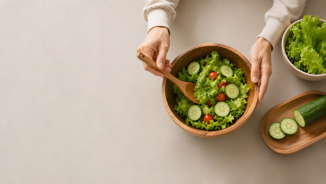 Anonymous Hands Mixing Fresh Green Salad in Wooden Bowl