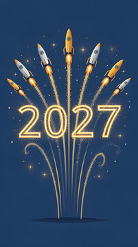 Rocket ships launching into the sky symbolize ambitious growth and successful advancement for the upcoming year 2027.